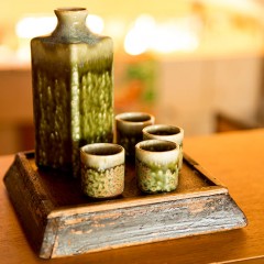 Green glaze sake set by Miya.