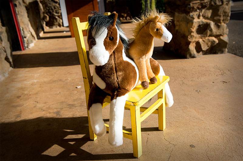 Two Douglas stuffed horses sitting on a little yellow chair