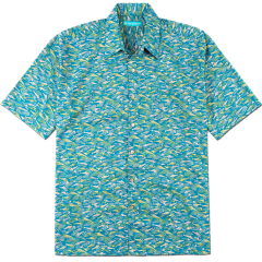 A teal Aloha shirt from Tori Richard with fish print